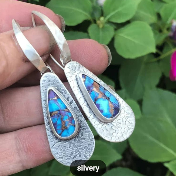 Boho Dangle Drop Earrings Metal Carved Pattern 925 Silver Plated - Picture 8 of 9